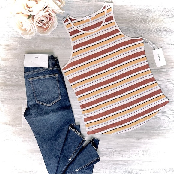 FRAME Wear Striped Linen Tank Sunrise Multi - Picture 3 of 11